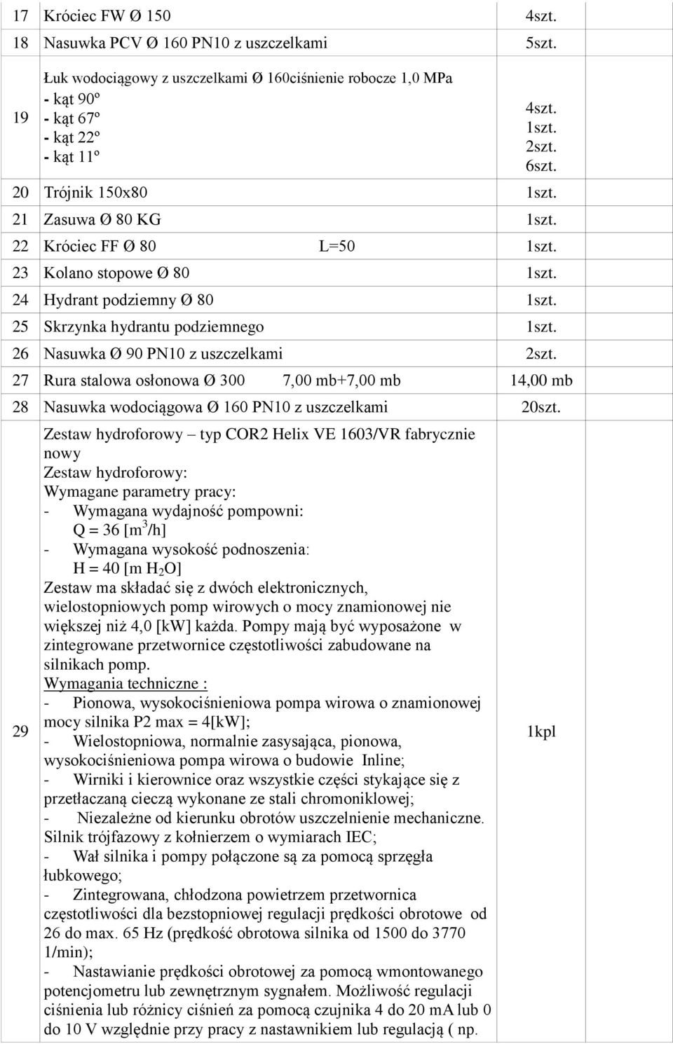 osłonowa Ø 300 7,00 mb+7,00 mb 14,00 mb 28 Nasuwka wodociągowa Ø 160 PN10 z uszczelkami 20szt.