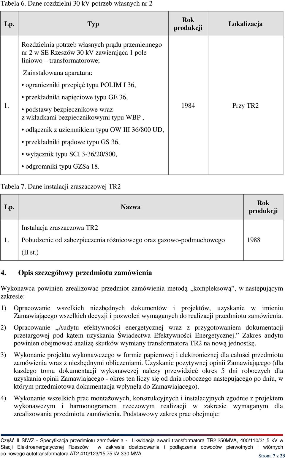 napięciowe typu GE 36, podstawy bezpiecznikowe wraz z wkładkami bezpiecznikowymi typu WBP, odłącznik z uziemnikiem typu OW III 36/800 UD, przekładniki prądowe typu GS 36, wyłącznik typu SCI