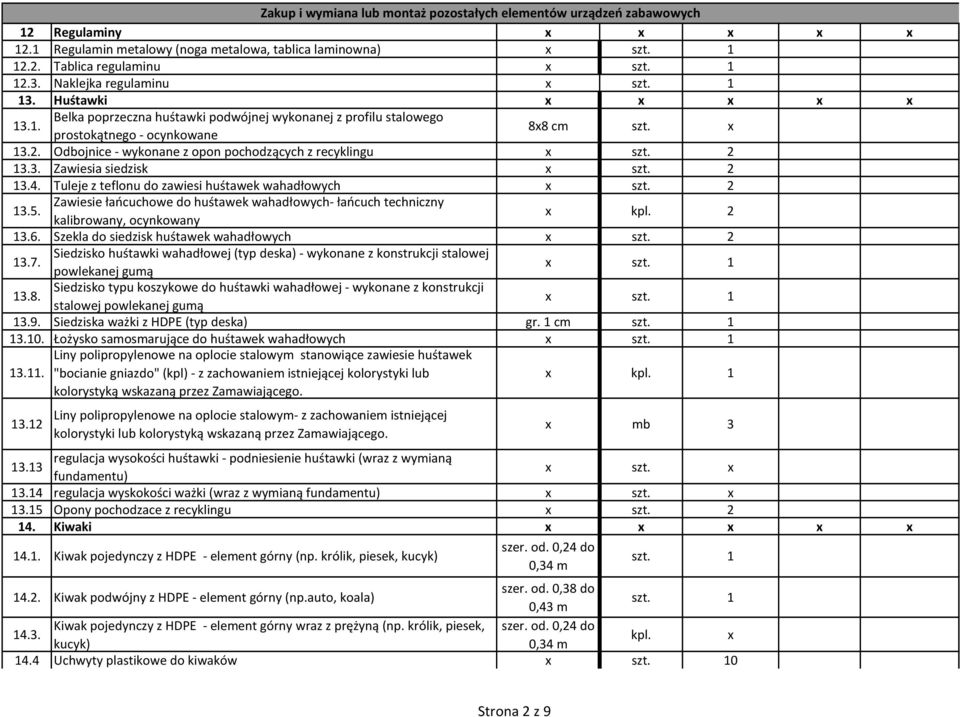 Odbojnice - wykonane z opon pochodzących z recyklingu x szt. 2 13.3. Zawiesia siedzisk x szt. 2 13.4. Tuleje z teflonu do zawiesi huśtawek wahadłowych x szt. 2 13.5.