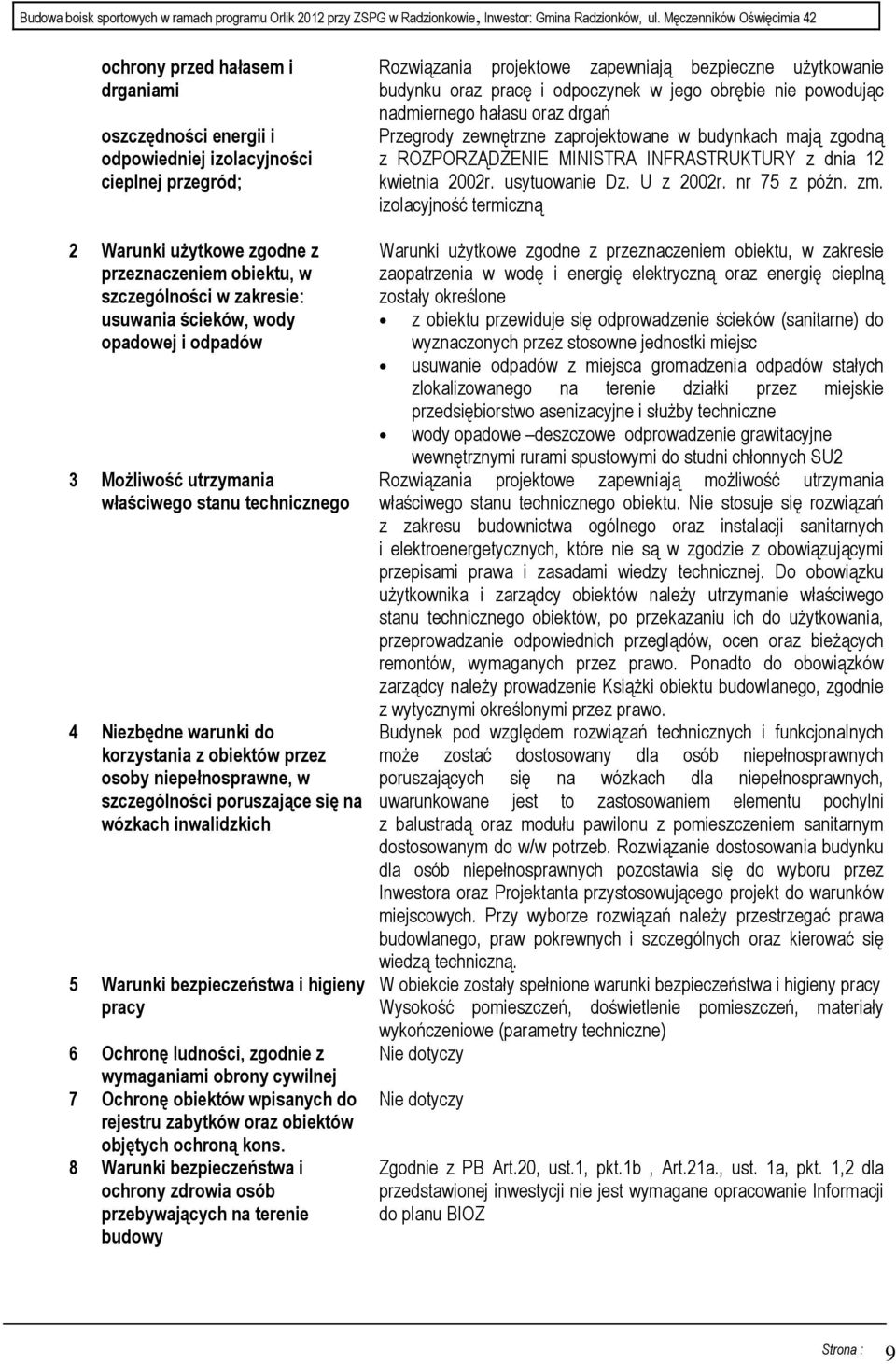 wózkach inwalidzkich 5 Warunki bezpieczeństwa i higieny pracy 6 Ochronę ludności, zgodnie z wymaganiami obrony cywilnej 7 Ochronę obiektów wpisanych do rejestru zabytków oraz obiektów objętych