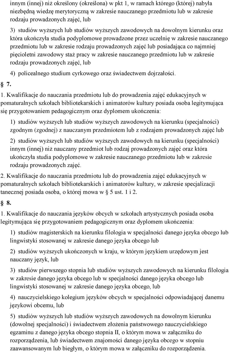 prowadzonych zajęć lub posiadająca co najmniej pięcioletni zawodowy staż pracy w zakresie nauczanego przedmiotu lub w zakresie rodzaju prowadzonych zajęć, lub 4) policealnego studium cyrkowego oraz