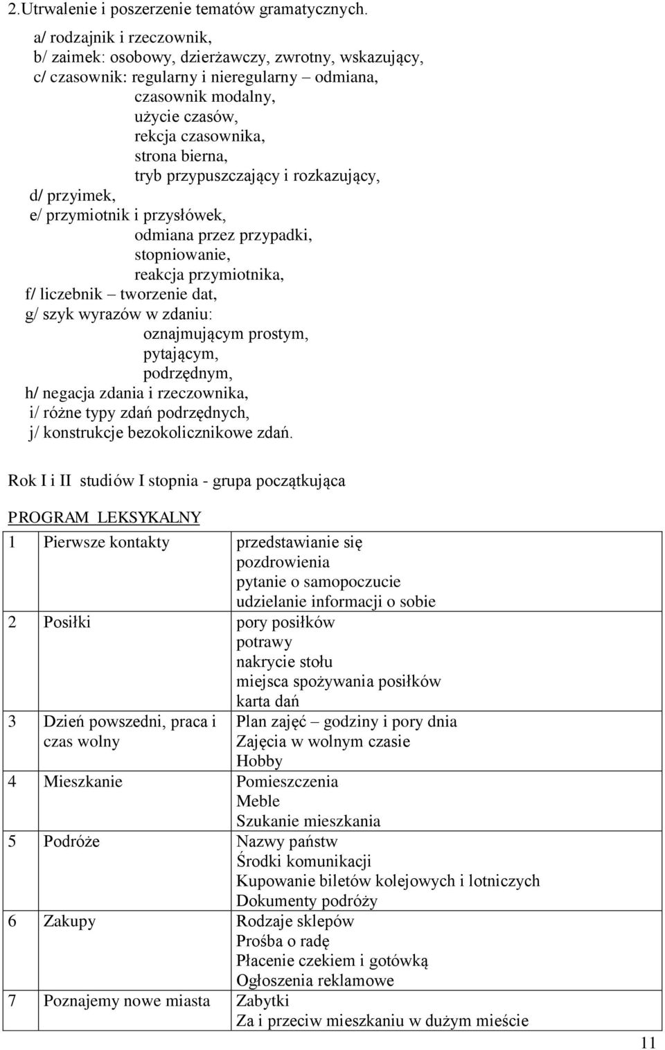 tryb przypuszczający i rozkazujący, d/ przyimek, e/ przymiotnik i przysłówek, odmiana przez przypadki, stopniowanie, reakcja przymiotnika, f/ liczebnik tworzenie dat, g/ szyk wyrazów w zdaniu: