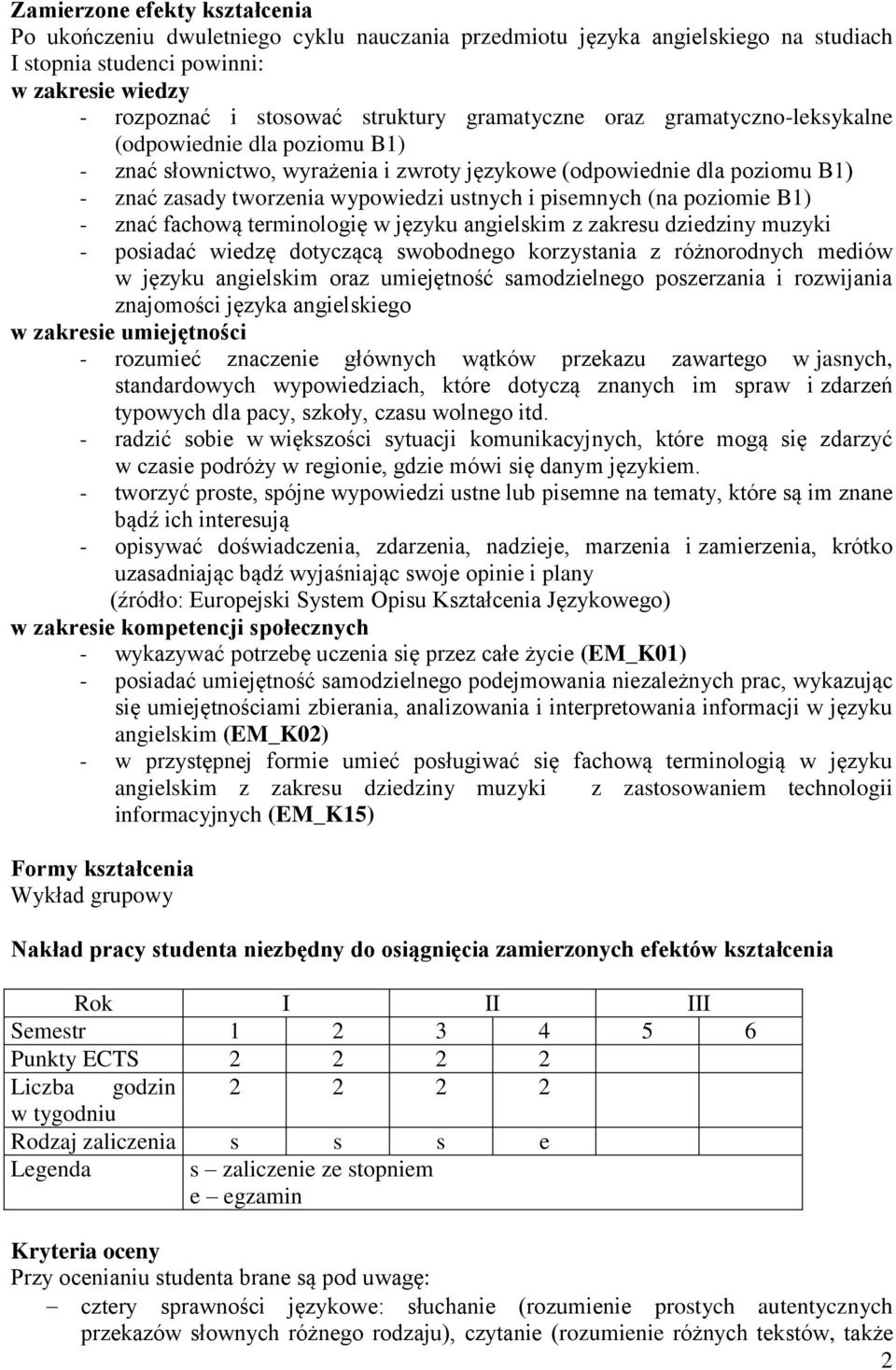 (na poziomie B1) - znać fachową terminologię w języku angielskim z zakresu dziedziny muzyki - posiadać wiedzę dotyczącą swobodnego korzystania z różnorodnych mediów w języku angielskim oraz