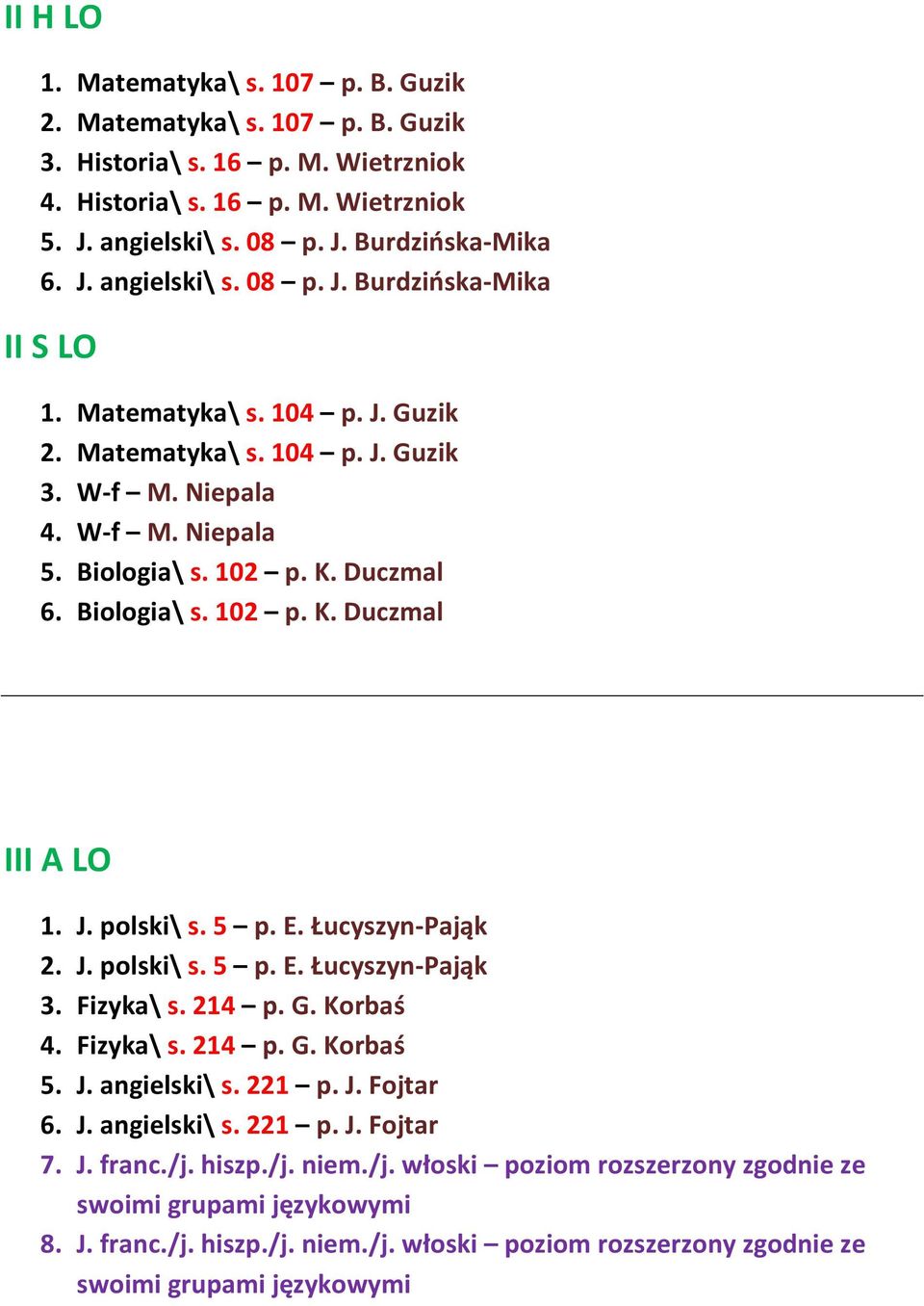 W-f M. Niepala 4. W-f M. Niepala 5. Biologia\ s. 102 p. K. Duczmal 6. Biologia\ s. 102 p. K. Duczmal III A LO 1. J. polski\ s. 5 p. E. Łucyszyn-Pająk 2. J. polski\ s. 5 p. E. Łucyszyn-Pająk 3.