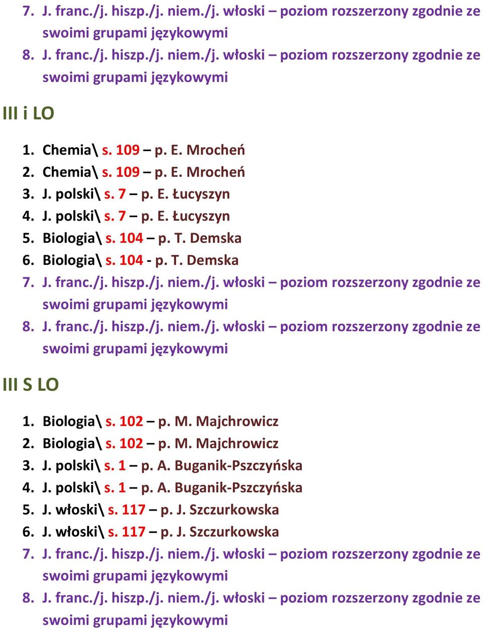 Biologia\ s. 102 p. M. Majchrowicz 3. J. polski\ s. 1 p. A. Buganik-Pszczyńska 4. J. polski\ s. 1 p. A. Buganik-Pszczyńska 5.