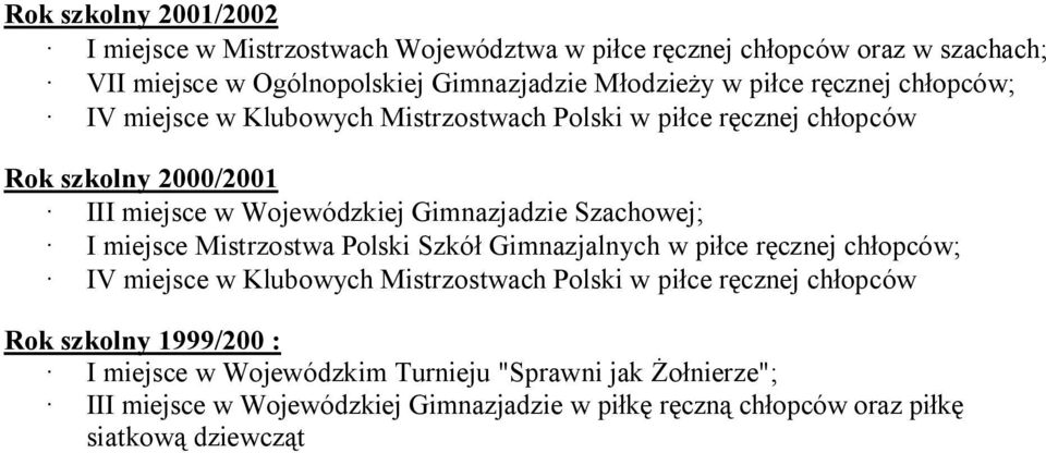 Szachowej; I miejsce Mistrzostwa Polski Szkół Gimnazjalnych w piłce ręcznej chłopców; IV miejsce w Klubowych Mistrzostwach Polski w piłce ręcznej chłopców Rok