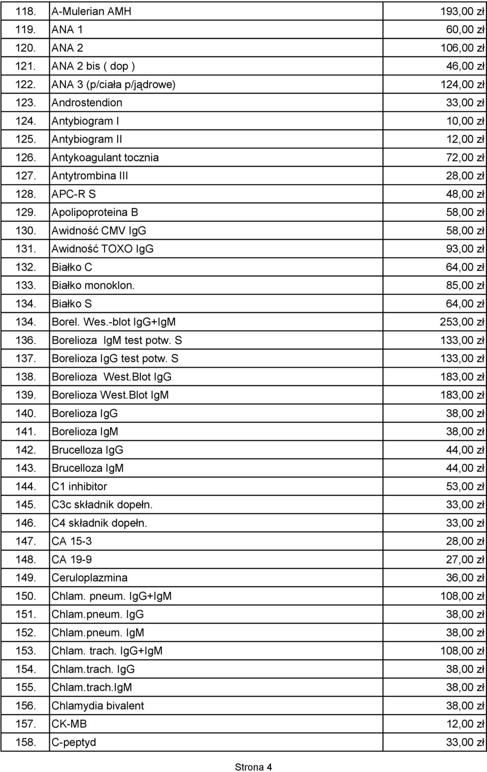 Awidność CMV IgG 58,00 zł 131. Awidność TOXO IgG 93,00 zł 132. Białko C 64,00 zł 133. Białko monoklon. 85,00 zł 134. Białko S 64,00 zł 134. Borel. Wes.-blot IgG+IgM 253,00 zł 136.