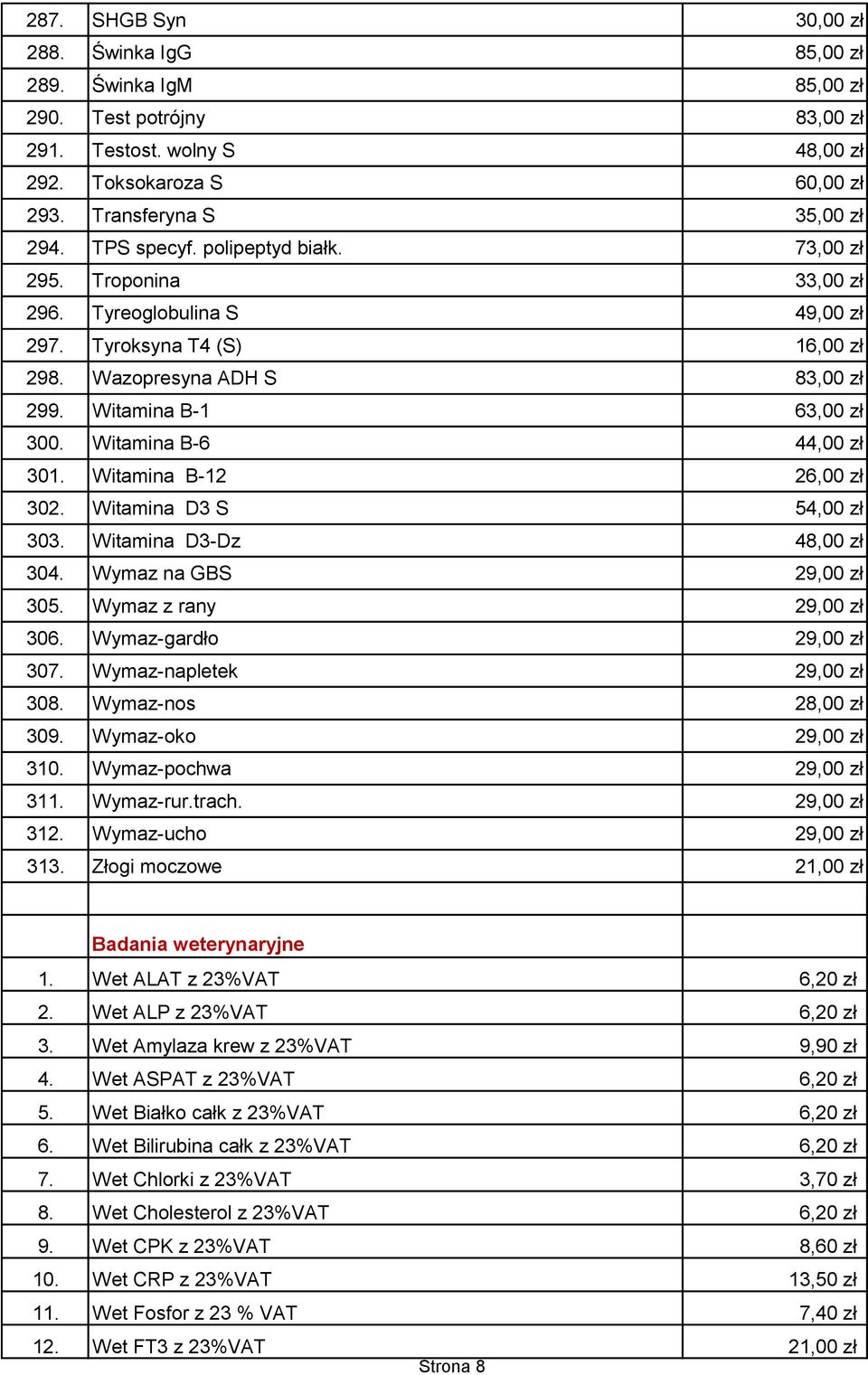 Witamina B-6 44,00 zł 301. Witamina B-12 26,00 zł 302. Witamina D3 S 54,00 zł 303. Witamina D3-Dz 48,00 zł 304. Wymaz na GBS 29,00 zł 305. Wymaz z rany 29,00 zł 306. Wymaz-gardło 29,00 zł 307.