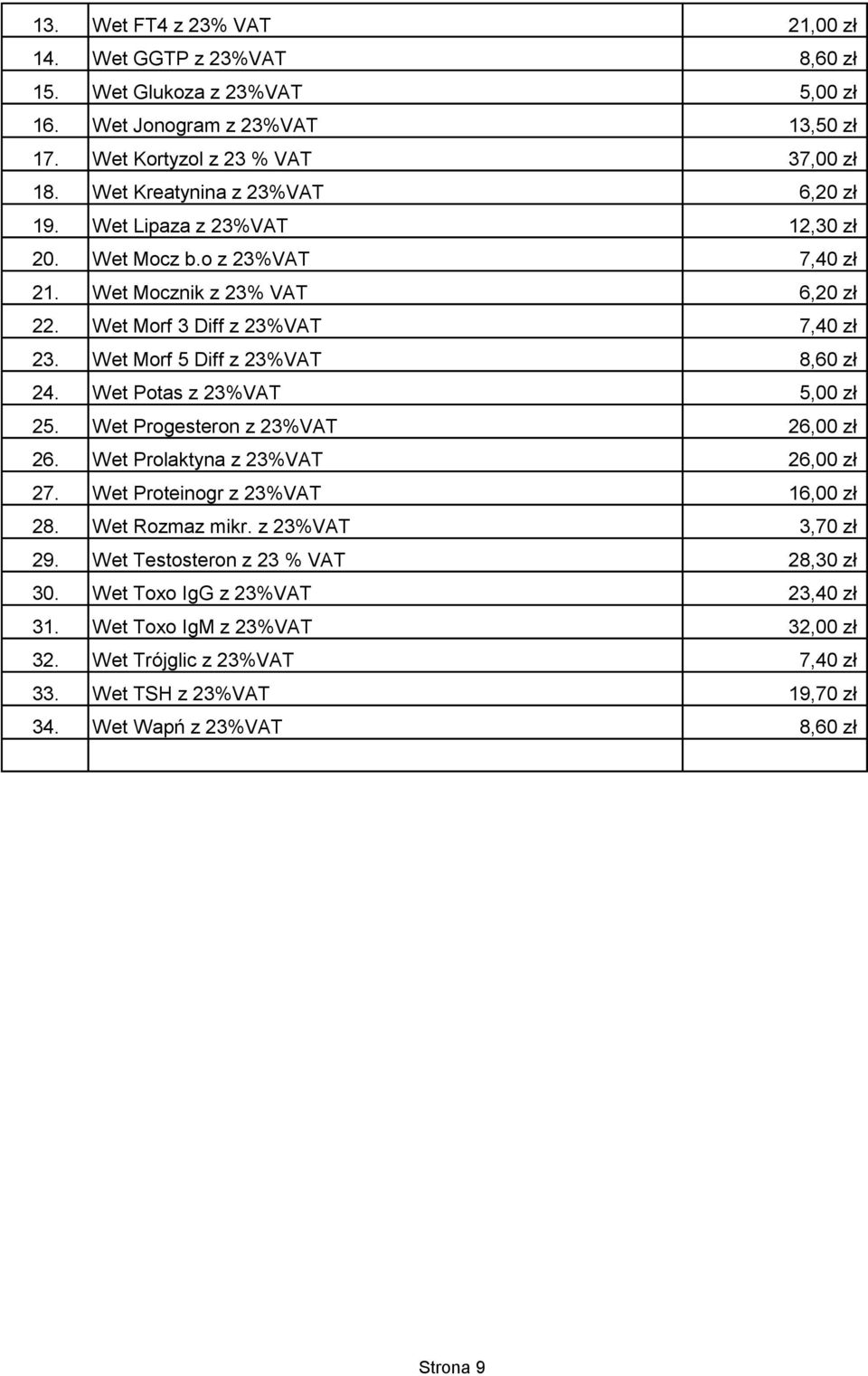 Wet Morf 5 Diff z 23%VAT 8,60 zł 24. Wet Potas z 23%VAT 5,00 zł 25. Wet Progesteron z 23%VAT 26,00 zł 26. Wet Prolaktyna z 23%VAT 26,00 zł 27. Wet Proteinogr z 23%VAT 16,00 zł 28.