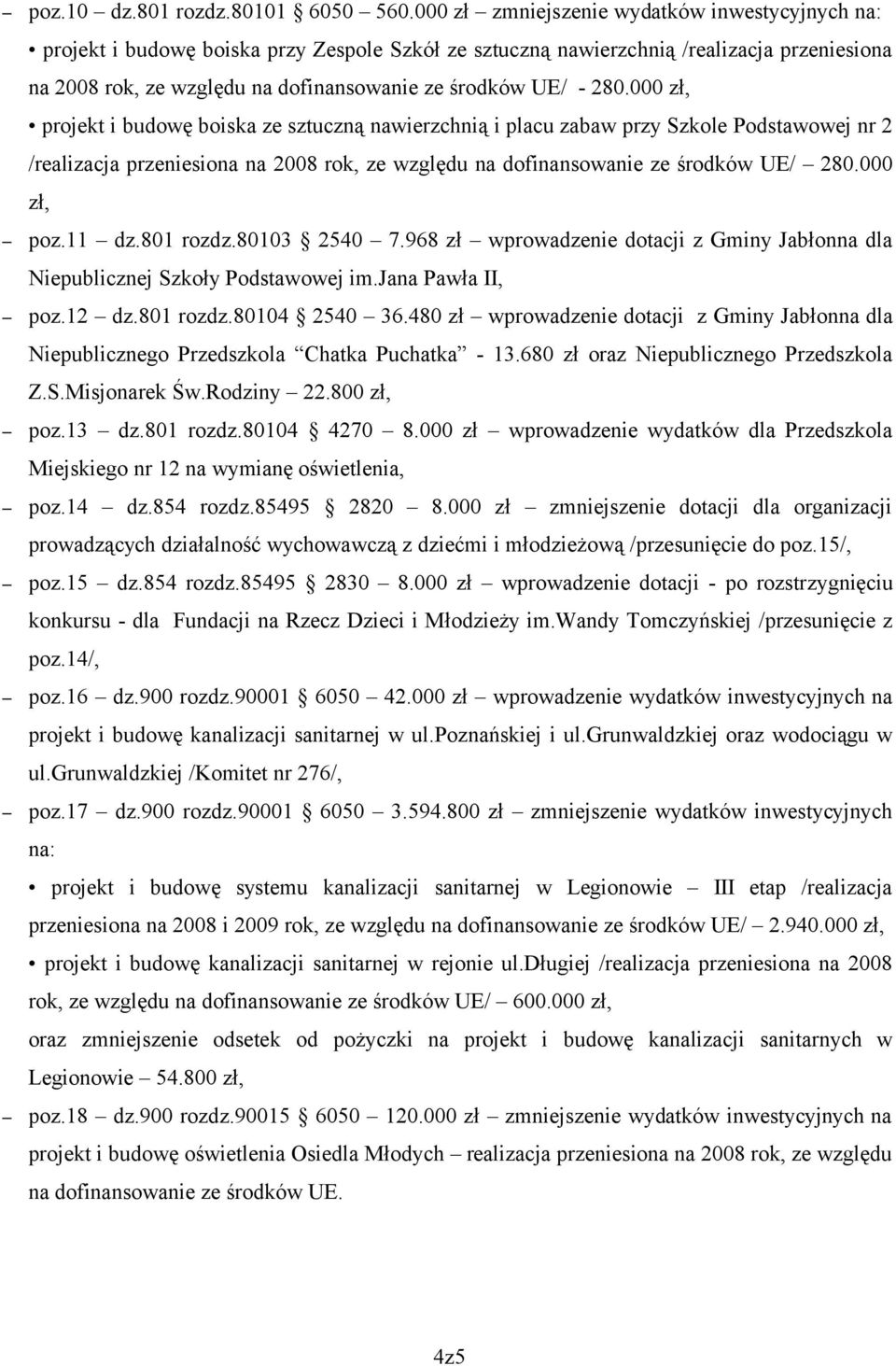 280.000 zł, projekt i budowę boiska ze sztuczną nawierzchnią i placu zabaw przy Szkole Podstawowej nr 2 /realizacja przeniesiona na 2008 rok, ze względu na dofinansowanie ze środków UE/ 280.