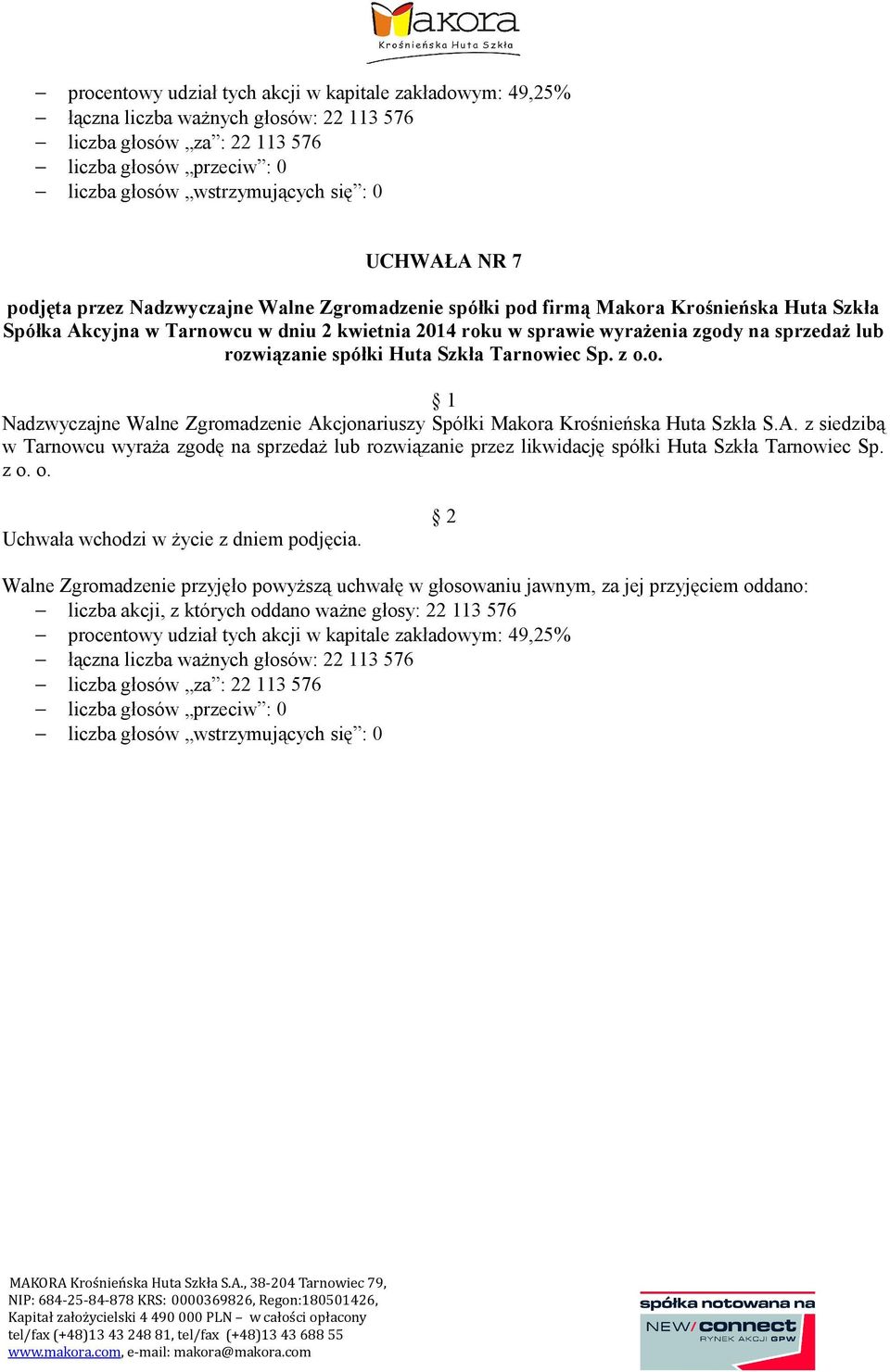 A. z siedzibą w Tarnowcu wyraża zgodę na sprzedaż lub rozwiązanie przez likwidację spółki