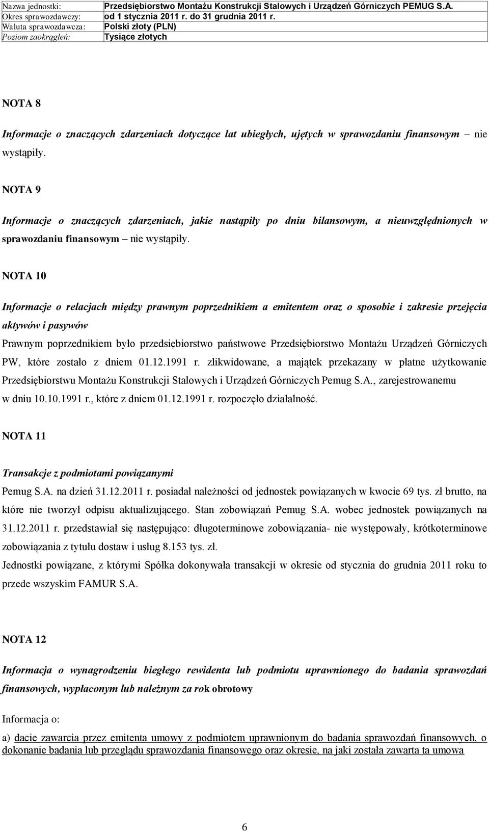 NOTA 10 Informacje o relacjach między prawnym poprzednikiem a emitentem oraz o sposobie i zakresie przejęcia aktywów i pasywów Prawnym poprzednikiem było przedsiębiorstwo państwowe Przedsiębiorstwo