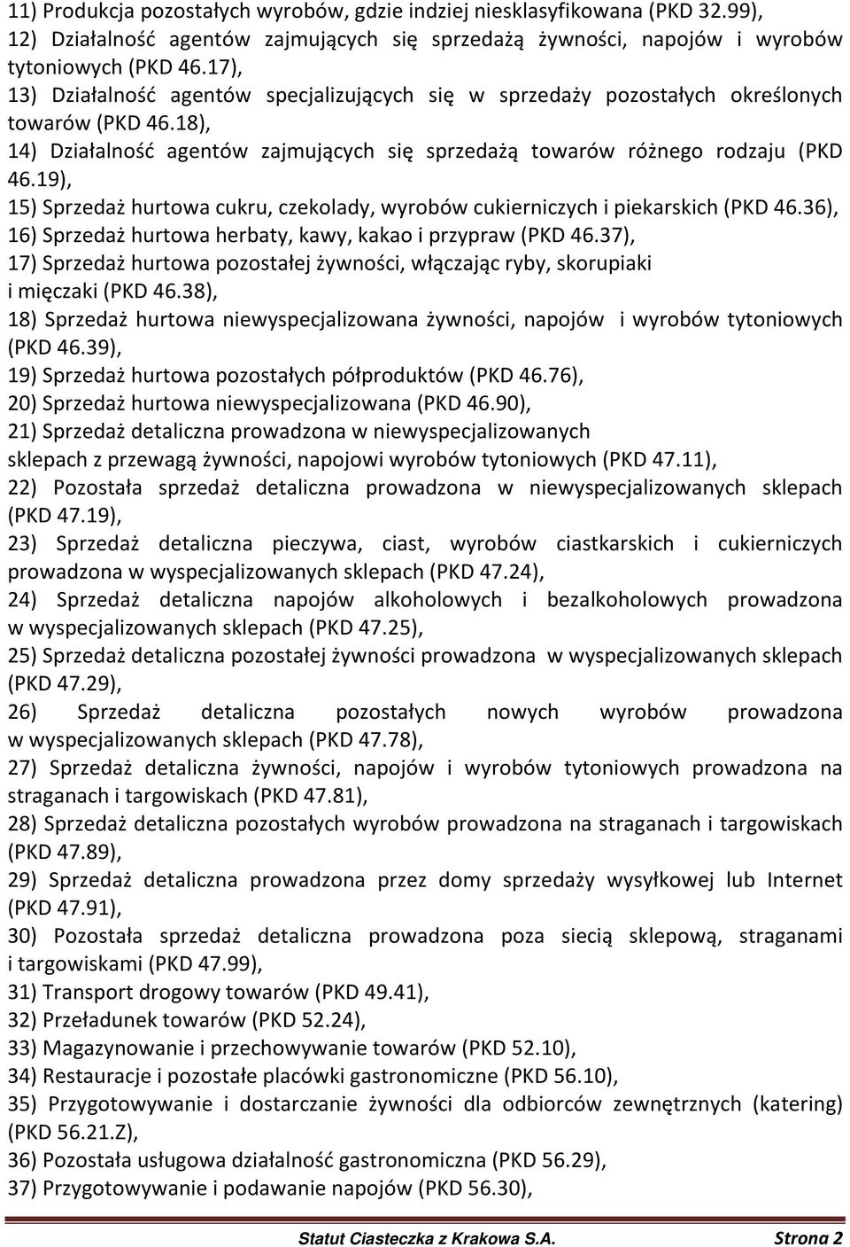 19), 15) Sprzedaż hurtowa cukru, czekolady, wyrobów cukierniczych i piekarskich (PKD 46.36), 16) Sprzedaż hurtowa herbaty, kawy, kakao i przypraw (PKD 46.