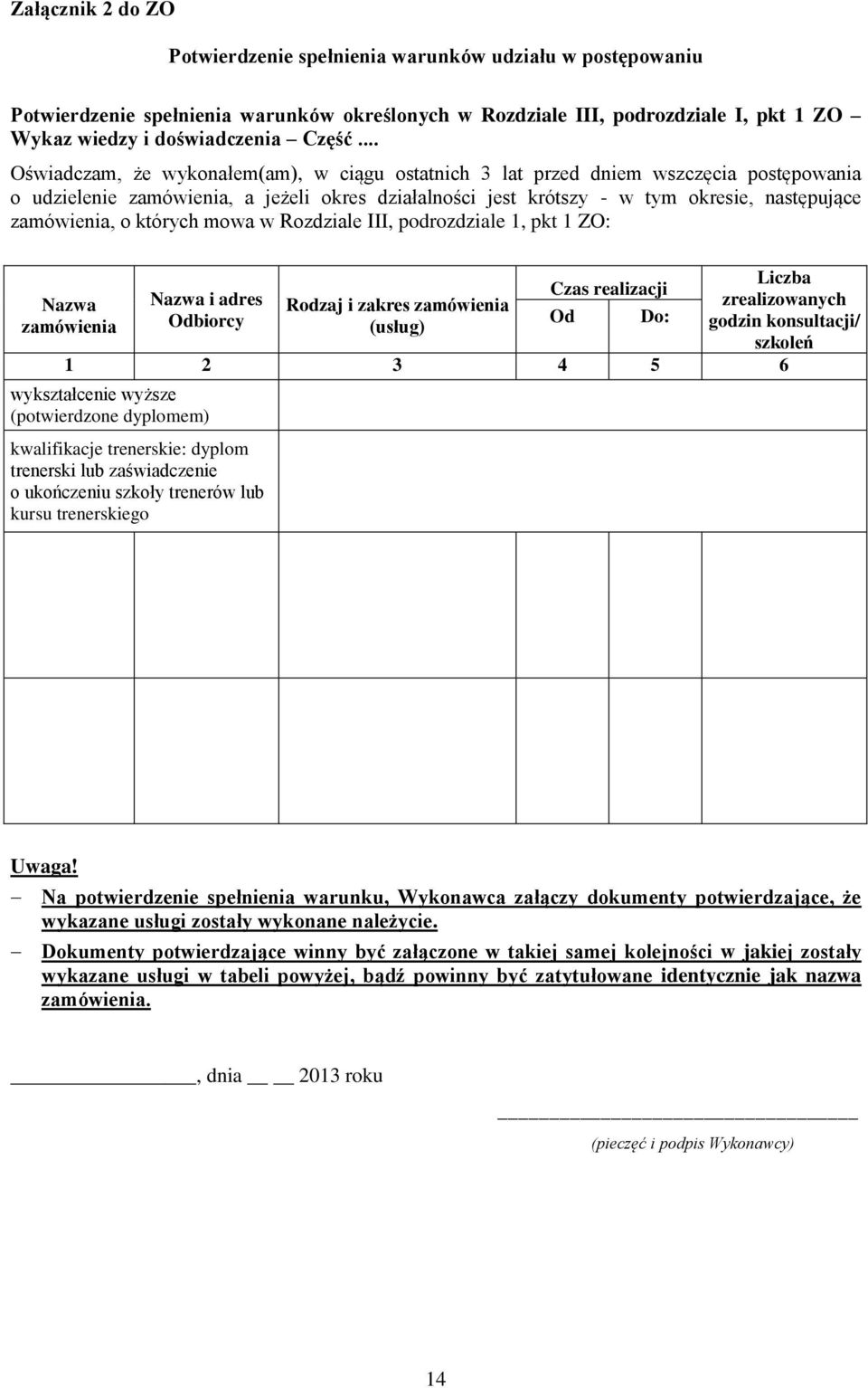 o których mowa w Rozdziale III, podrozdziale 1, pkt 1 ZO: Nazwa zamówienia Nazwa i adres Odbiorcy Rodzaj i zakres zamówienia (usług) Czas realizacji Liczba zrealizowanych godzin konsultacji/ szkoleń
