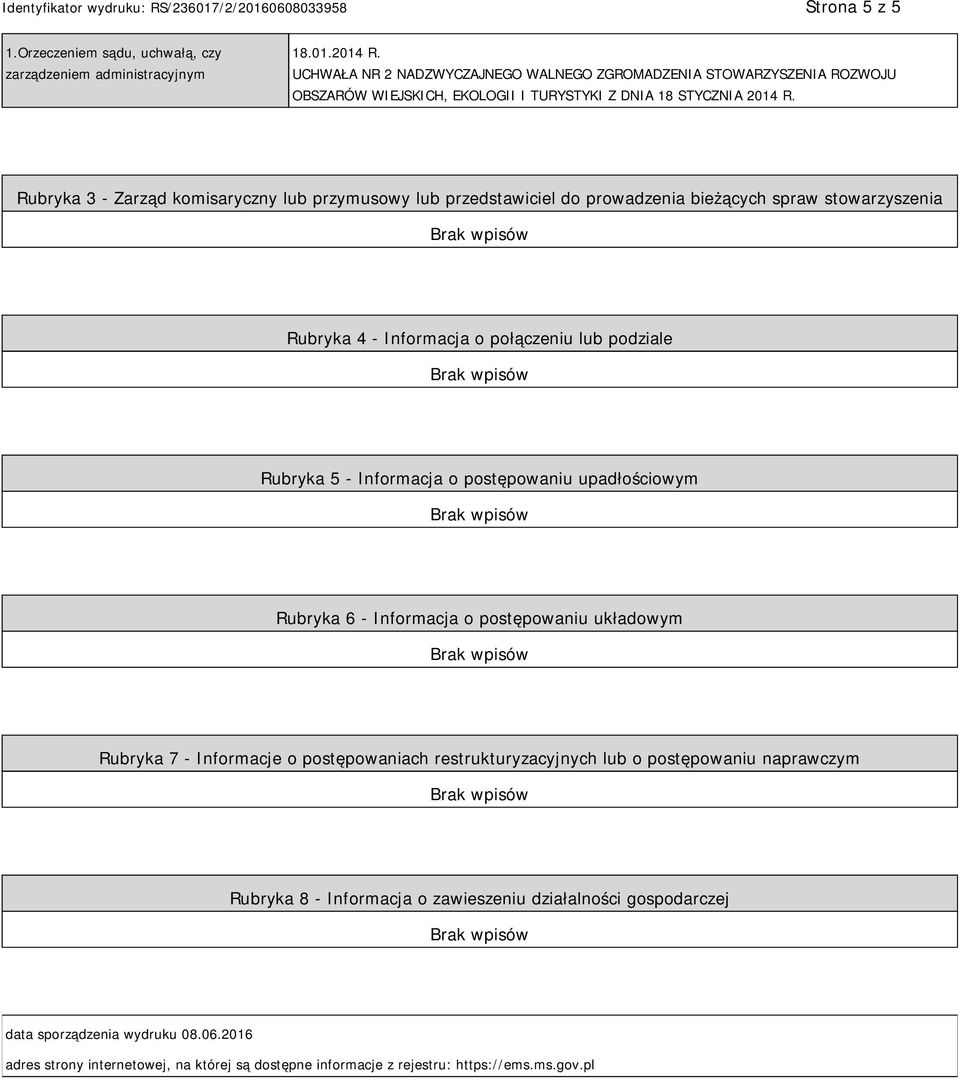 Rubryka 3 - Zarząd komisaryczny lub przymusowy lub przedstawiciel do prowadzenia bieżących spraw stowarzyszenia Rubryka 4 - Informacja o połączeniu lub podziale Rubryka 5 - Informacja o
