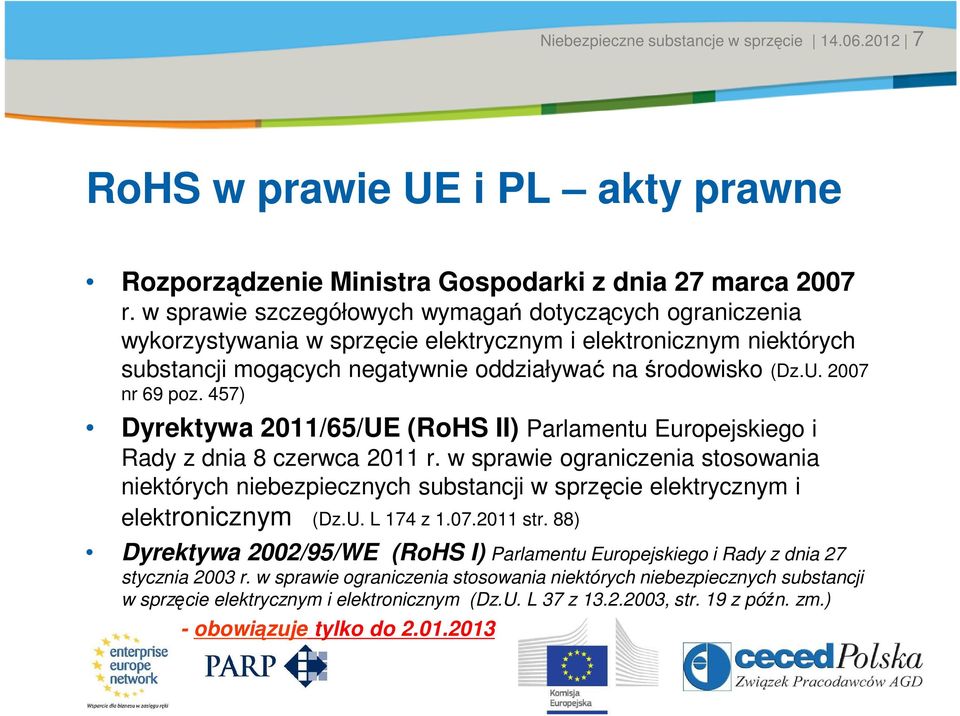 2007 nr 69 poz. 457) Dyrektywa 2011/65/UE (RoHS II) Parlamentu Europejskiego i Rady z dnia 8 czerwca 2011 r.