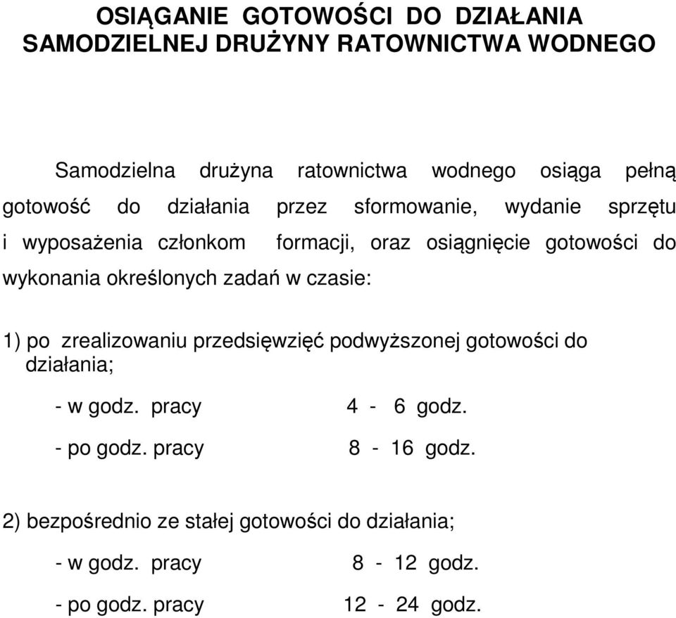 wykonania określonych zadań w czasie: 1) po zrealizowaniu przedsięwzięć podwyższonej gotowości do działania; - w godz.