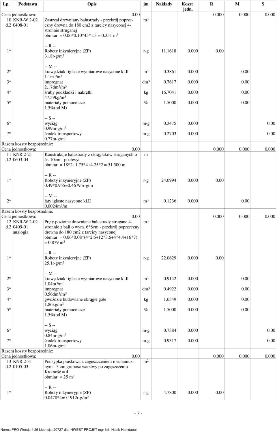 17d / 4* śruby podkładki i nakrętki 47.59kg/ 5* materiały pomocnicze 1.5%(od M) % 1.5000 0.000 0.00 m-g 0.3475 0.000 0.00 m-g 0.2703 0.000 0.00 6* wyciąg 0.99m-g/ 7* środek transportowy 0.