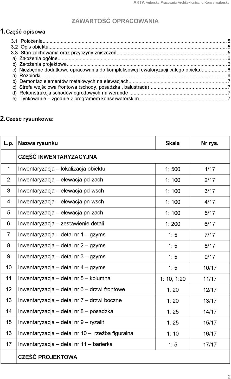 ..7 c) Strefa wejściowa frontowa (schody, posadzka, balustrada):...7 d) Rekonstrukcja schodów ogrodowych na werandę...7 e) Tynkowanie zgodnie z programem konserwatorskim...7 2.Cześć rysunkowa: L.p. Nazwa rysunku Skala Nr rys.