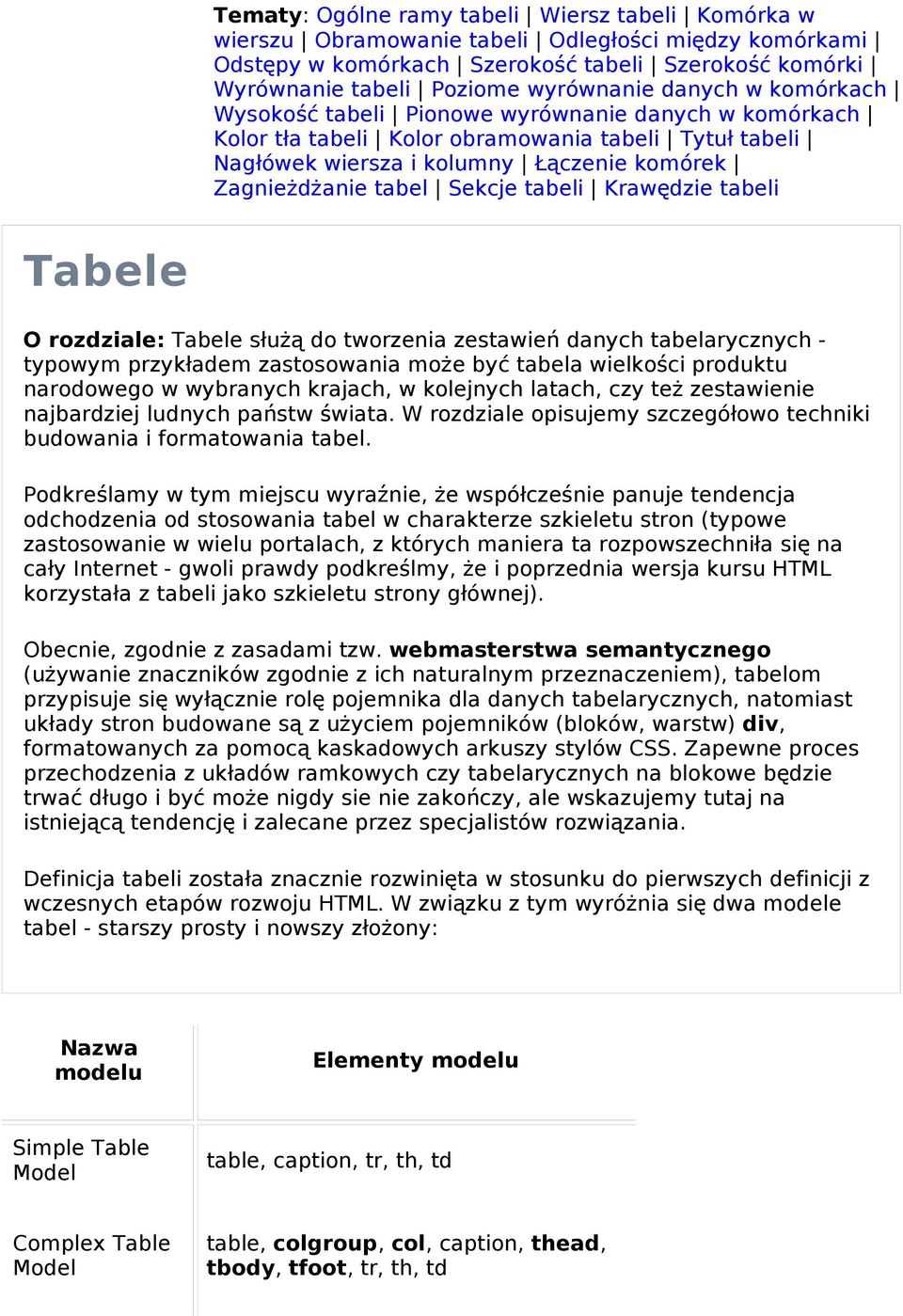 tabel Sekcje tabeli Krawędzie tabeli Tabele O rozdziale: Tabele słu żą do tworzenia zestawie ń danych tabelarycznych - typowym przykładem zastosowania może być tabela wielkoś ci produktu narodowego w