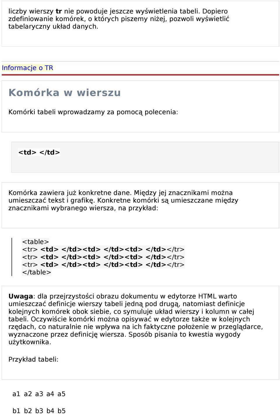 Konkretne komórki s ą umieszczane mię dzy znacznikami wybranego wiersza, na przykład: <table> <tr> <td> </td><td> </td><td> </td></tr> <tr> <td> </td><td> </td><td> </td></tr> <tr> <td> </td><td>