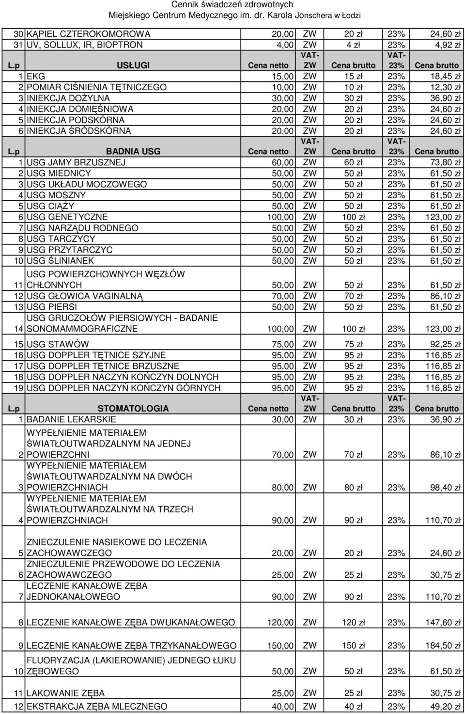 BRZUSZNEJ 60,00 ZW 60 zł 23% 73,80 zł 2 USG MIEDNICY 3 USG UKŁADU MOCZOWEGO 4 USG MOSZNY 5 USG CIĄŻY 6 USG GENETYCZNE 100,00 ZW 100 zł 23% 123,00 zł 7 USG NARZĄDU RODNEGO 8 USG TARCZYCY 9 USG