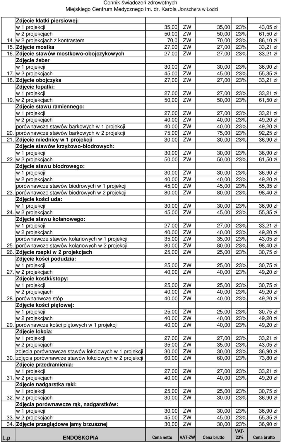 w 2 projekcjach 50,00 ZW 50,00 23% 61,50 zł Zdjęcie stawu ramiennego: w 2 projekcjach porównawcze stawów barkowych 20. porównawcze stawów barkowych w 2 projekcji 75,00 ZW 75,00 23% 92,25 zł 21.