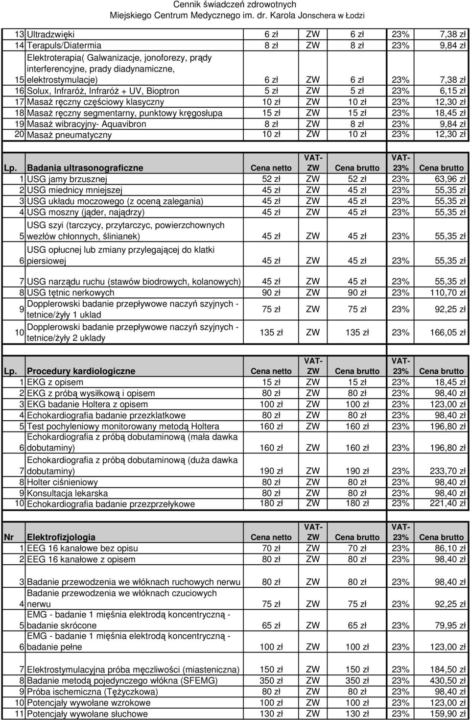 kręgosłupa 15 zł ZW 15 zł 23% 18,45 zł 19 Masaż wibracyjny- Aquavibron 8 zł ZW 8 zł 23% 9,84 zł 20 Masaż pneumatyczny 10 zł ZW 10 zł 23% 12,30 zł Lp.