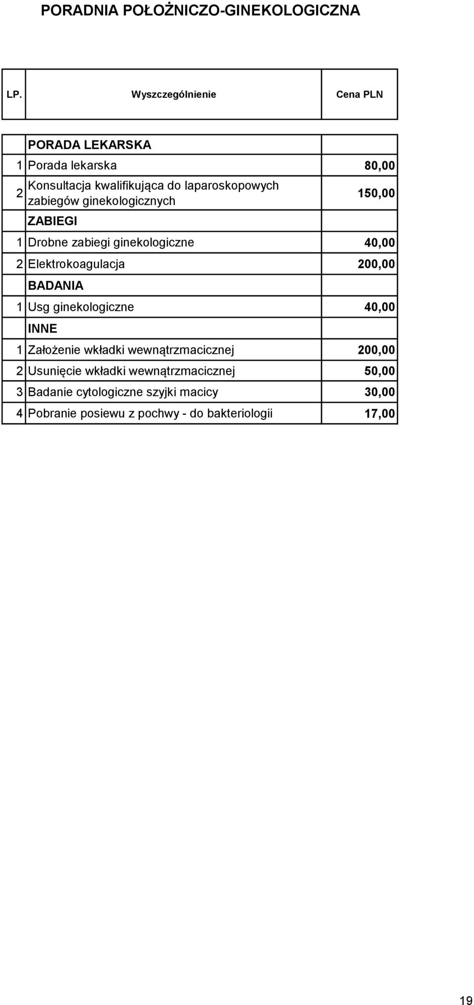 BADANIA 1 Usg ginekologiczne 40,00 INNE 1 Założenie wkładki wewnątrzmacicznej 200,00 2 Usunięcie wkładki