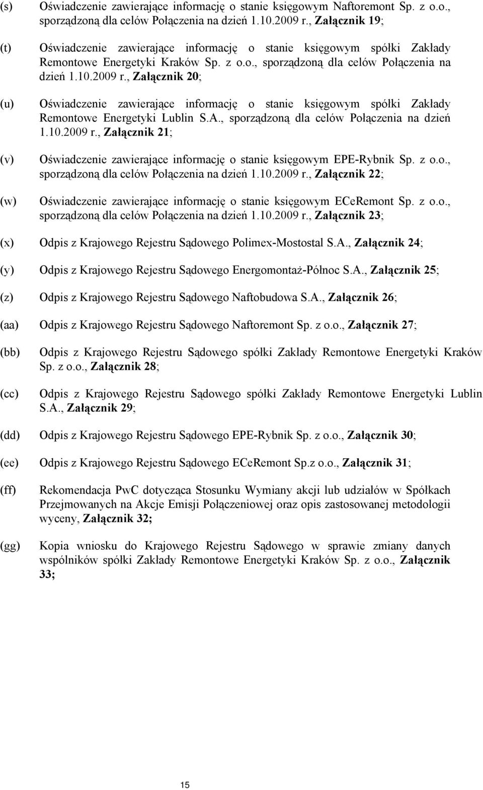 , Załącznik 20; Oświadczenie zawierające informację o stanie księgowym spółki Zakłady Remontowe Energetyki Lublin S.A., sporządzoną dla celów Połączenia na dzień 1.10.2009 r.