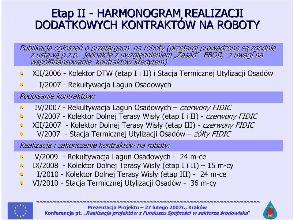 kontraktów: IV/2007 - Rekultywacja Lagun Osadowych czerwony FIDIC V/2007 - Kolektor Dolnej Terasy Wisły y (etap I i II) - czerwony FIDIC XII/2007 - Kolektor Dolnej Terasy Wisły y (etap III) -