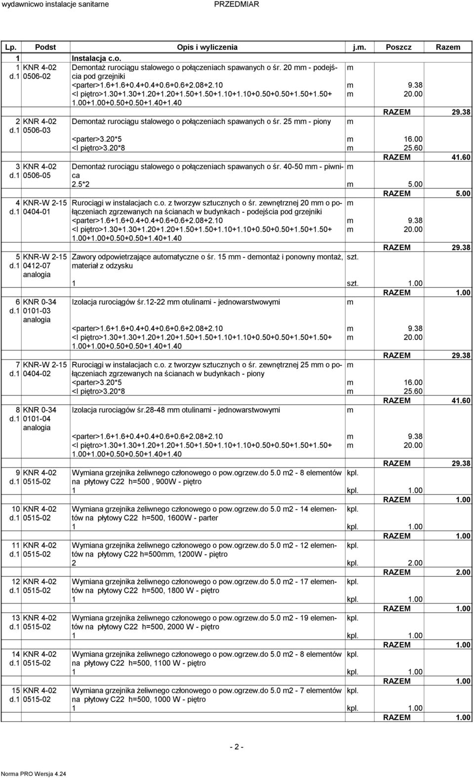 20*5 16.00 <I piętro>3.20*8 25.60 RAZEM 41.60 3 KNR 4-02 Deontaż rurociągu stalowego o połączeniach spawanych o śr. 40-50 - piwnica d.1 0506-05 2.5*2 5.00 RAZEM 5.