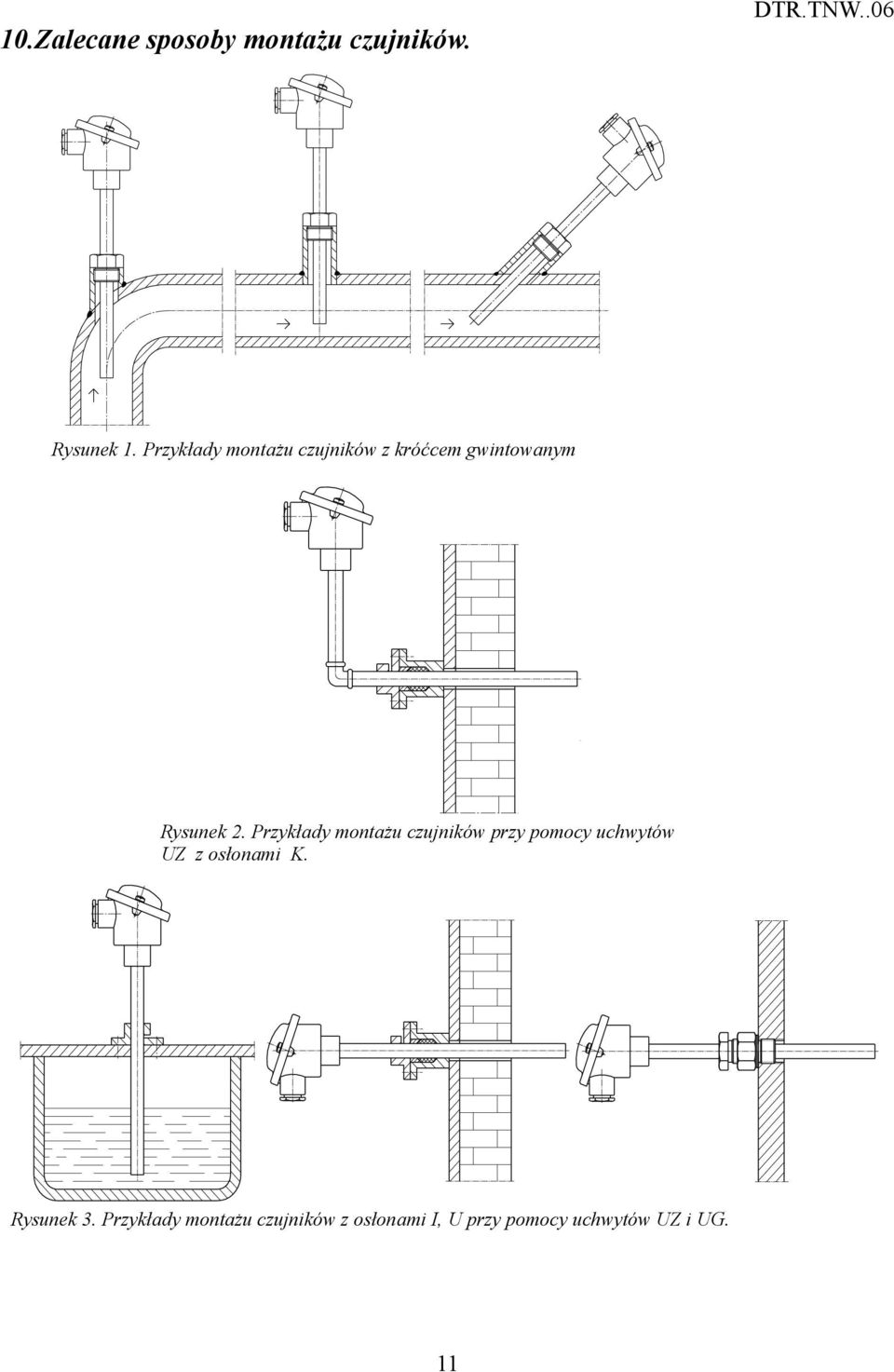 Przykłady montażu czujników przy pomocy uchwytów UZ z osłonami K.