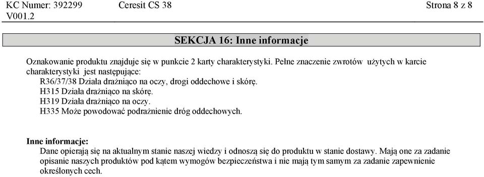 H315 Działa drażniąco na skórę. H319 Działa drażniąco na oczy. H335 Może powodować podrażnienie dróg oddechowych.