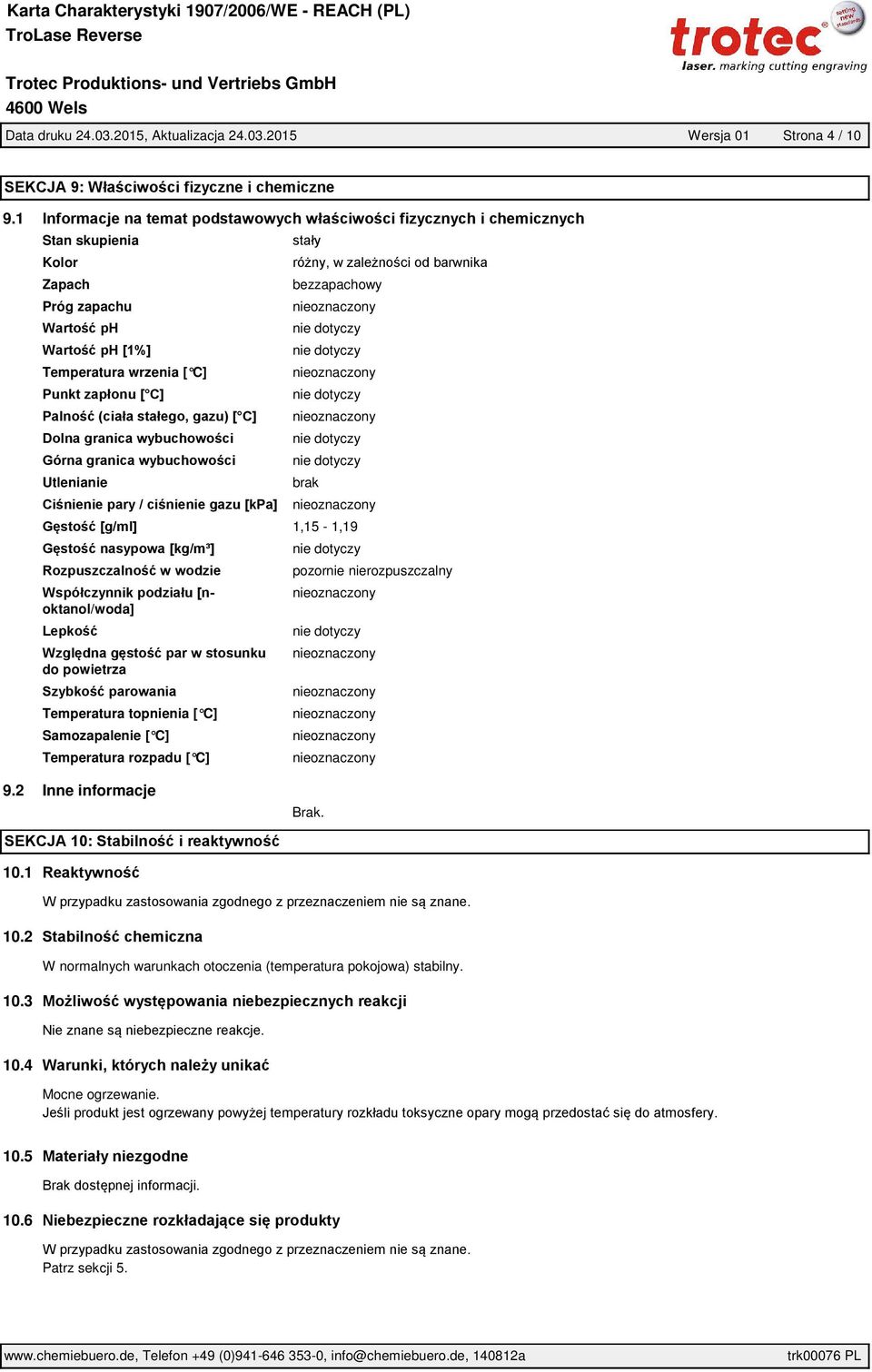 oktanol/woda] do powietrza Temperatura topnienia [ C] Samozapalenie [ C] Temperatura rozpadu [ C] pozornie