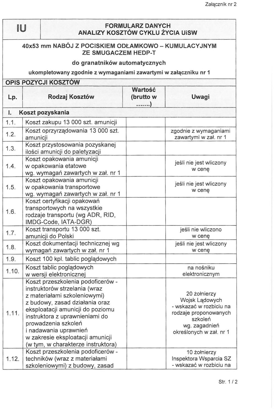 Koszt oprzyrządowania 13 000 szt. zgodnie z wymaganiami amunicji zawartymi w zał. nr 1 1.3. Koszt przystosowania pozyskanej ilości amunic.ii do paletyzacji 1.4.