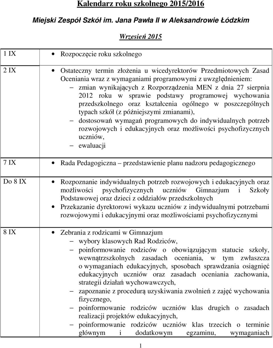 uwzględnieniem: zmian wynikających z Rozporządzenia MEN z dnia 27 sierpnia 2012 roku w sprawie podstawy programowej wychowania przedszkolnego oraz kształcenia ogólnego w poszczególnych typach szkół