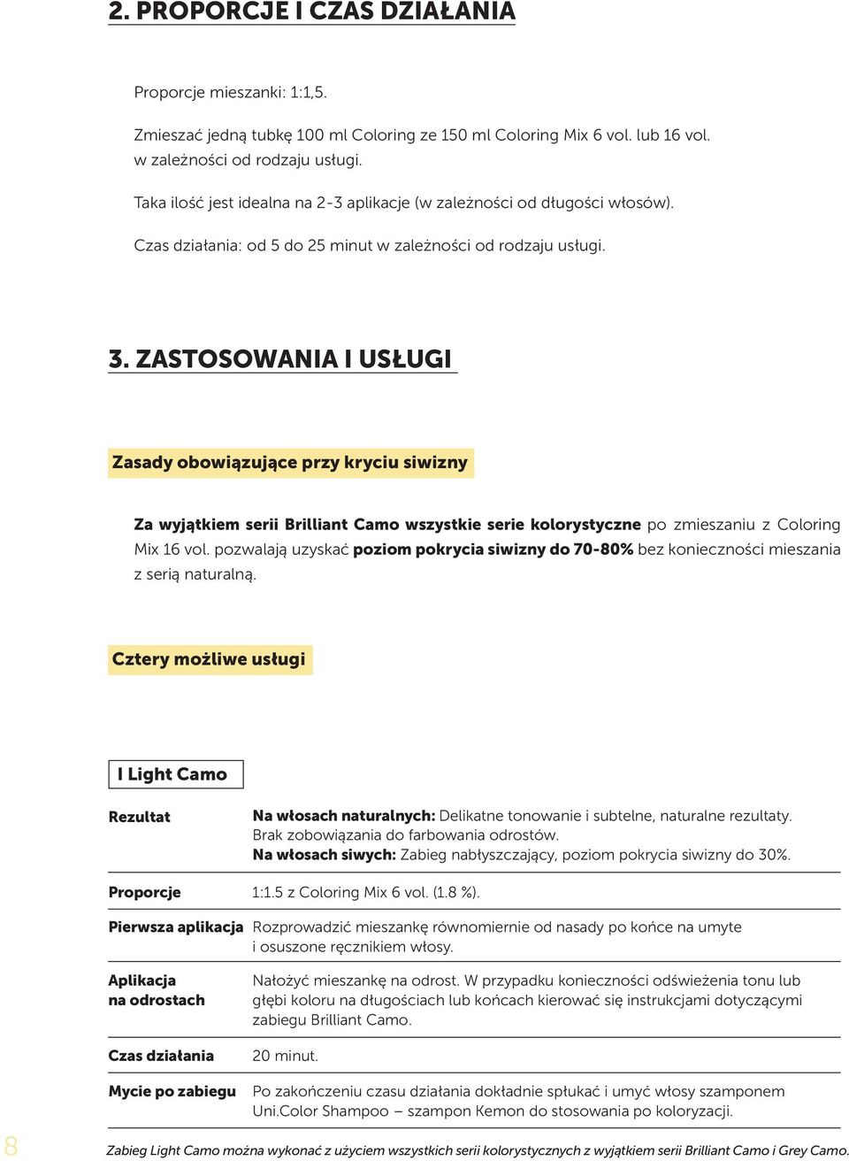 ZASTOSOWANIA I USŁUGI Zasady obowiązujące przy kryciu siwizny Za wyjątkiem serii Brilliant Camo wszystkie serie kolorystyczne po zmieszaniu z Coloring Mix 16 vol.