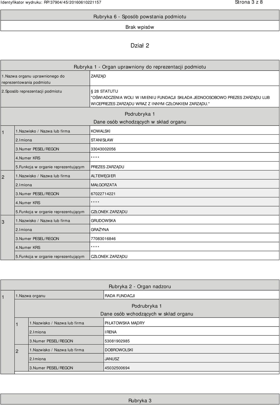 Nazwisko / Nazwa lub firma KOWALSKI Podrubryka 1 Dane osób wchodzących w skład organu STANISŁAW 3.Numer PESEL/REGON 33043002056 4.Numer KRS **** 5.Funkcja w organie reprezentującym PREZES ZARZĄDU 2 1.