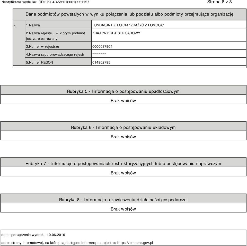 Numer REGON 014902795 Rubryka 5 - Informacja o postępowaniu upadłościowym Rubryka 6 - Informacja o postępowaniu układowym Rubryka 7 - Informacje o postępowaniach