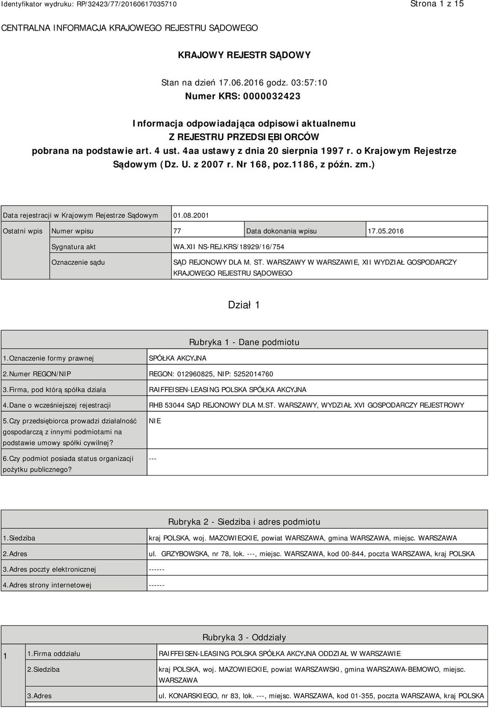 o Krajowym Rejestrze Sądowym (Dz. U. z 2007 r. Nr 168, poz.1186, z późn. zm.) Data rejestracji w Krajowym Rejestrze Sądowym 01.08.2001 Ostatni wpis Numer wpisu 77 Data dokonania wpisu 17.05.