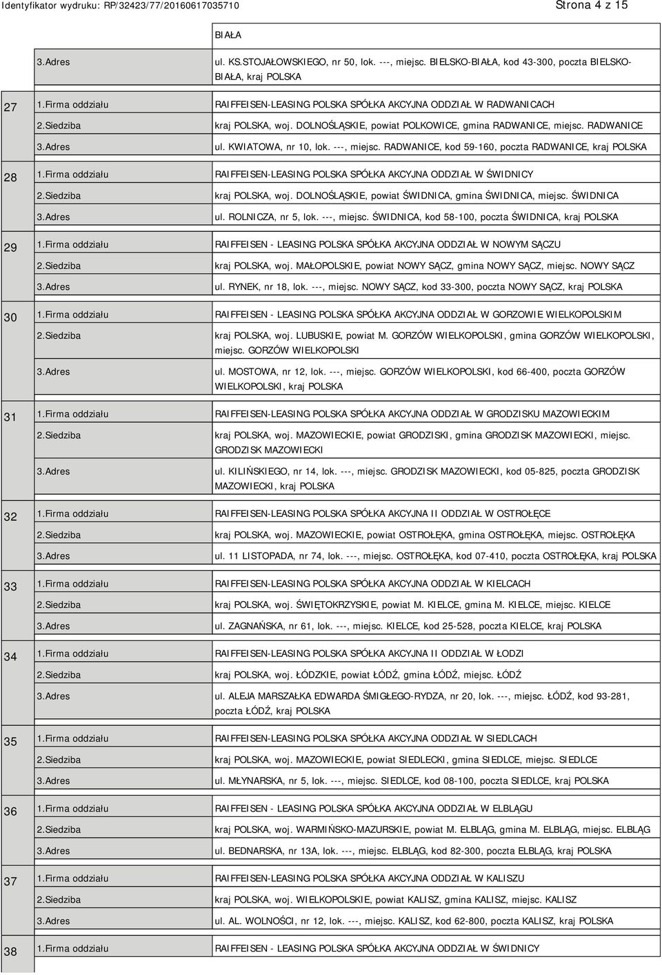 RADWANICE, kod 59-160, poczta RADWANICE, kraj 28 1.Firma oddziału RAIFFEISEN-LEASING SPÓŁKA AKCYJNA ODDZIAŁ W ŚWIDNICY kraj, woj. DOLNOŚLĄSKIE, powiat ŚWIDNICA, gmina ŚWIDNICA, miejsc. ŚWIDNICA ul.