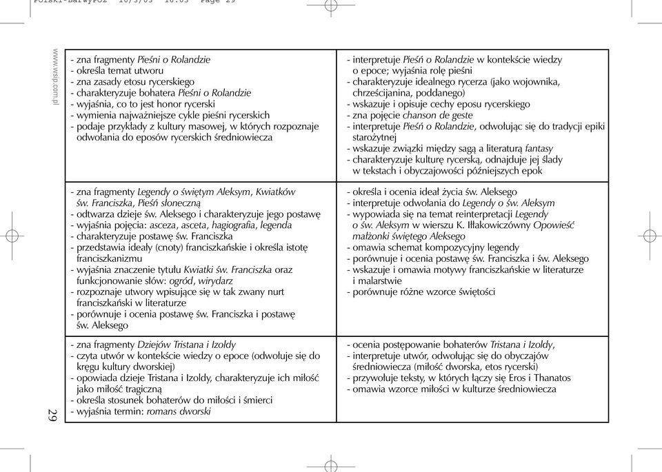 tym Aleksym, Kwiatków Êw. Franciszka, PieÊƒ s onecznà - odtwarza dzieje Êw. Aleksego i charakteryzuje jego postaw - wyjaênia poj cia: asceza, asceta, hagiografia, legenda - charakteryzuje postaw Êw.