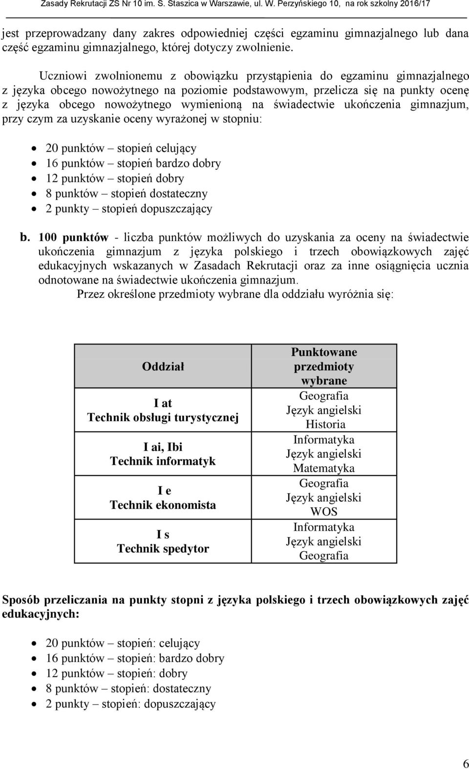 świadectwie ukończenia gimnazjum, przy czym za uzyskanie oceny wyrażonej w stopniu: 20 punktów stopień celujący 16 punktów stopień bardzo dobry 12 punktów stopień dobry 8 punktów stopień dostateczny