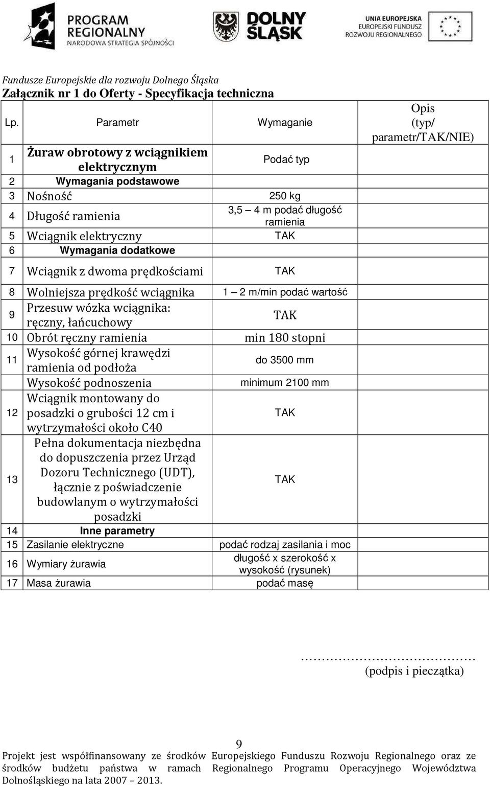 Wymagania dodatkowe 7 Wciągnik z dwoma prędkościami TAK Opis (typ/ parametr/tak/nie) 8 Wolniejsza prędkość wciągnika 1 2 m/min podać wartość Przesuw wózka wciągnika: 9 ręczny, łańcuchowy TAK 10 Obrót