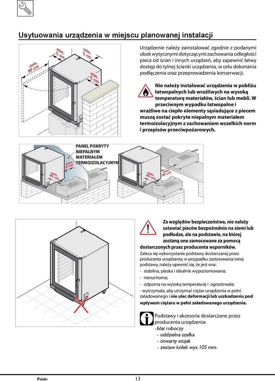 5 cm Urządzenie należy zainstalować zgodnie z podanymi obok wytycznymi dotyczącymi zachowania odległości pieca od ścian i innych urządzeń, aby zapewnić łatwy dostęp do tylnej ścianki urządzenia, w