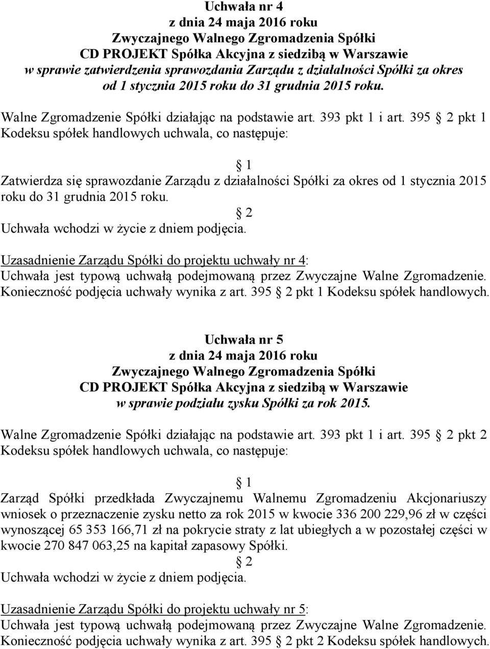 Uzasadnienie Zarządu Spółki do projektu uchwały nr 4: Konieczność podjęcia uchwały wynika z art. 395 pkt 1 Kodeksu spółek handlowych. Uchwała nr 5 w sprawie podziału zysku Spółki za rok 2015.