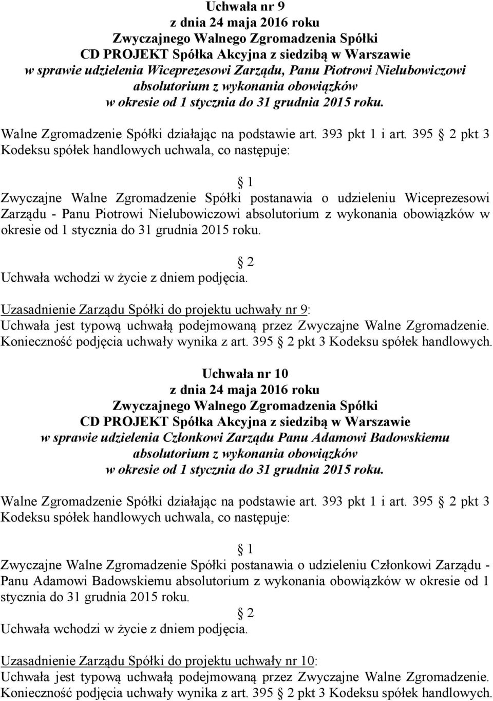 395 pkt 3 Zwyczajne Walne Zgromadzenie Spółki postanawia o udzieleniu Wiceprezesowi Zarządu - Panu Piotrowi Nielubowiczowi absolutorium z wykonania obowiązków w okresie od 1 stycznia do 31 grudnia