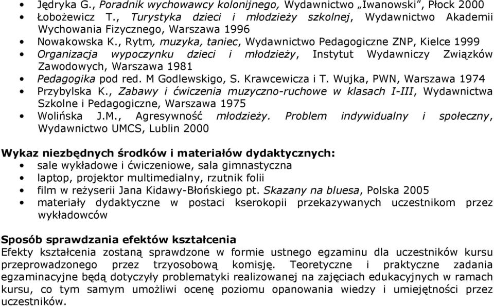 , Rytm, muzyka, taniec, Wydawnictwo Pedagogiczne ZNP, Kielce 1999 Organizacja wypoczynku dzieci i młodzieży, Instytut Wydawniczy Związków Zawodowych, Warszawa 1981 Pedagogika pod red.