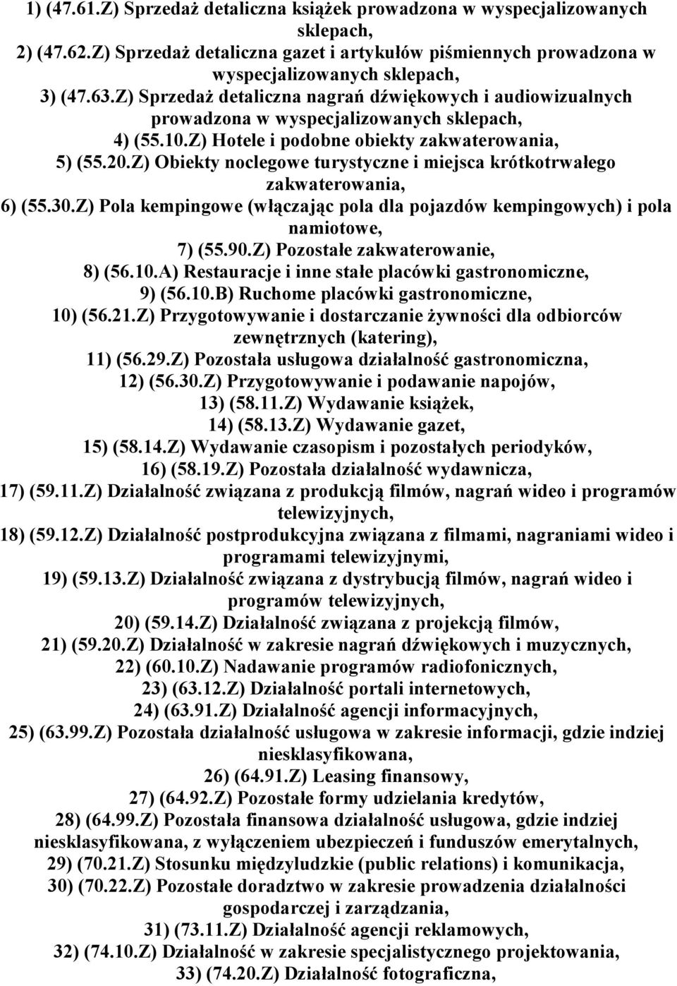 Z) Obiekty noclegowe turystyczne i miejsca krótkotrwałego zakwaterowania, 6) (55.30.Z) Pola kempingowe (włączając pola dla pojazdów kempingowych) i pola namiotowe, 7) (55.90.